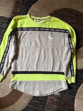 PINK Victoria's Secret thin Crewneck Sweatshirt - Gray & Neon Yellow